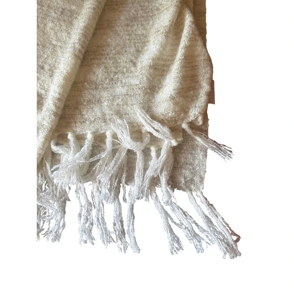 West Elm Throw Blanket Cream Metallic Boucle Knit Fringe 44x56 Soft Accent Decor